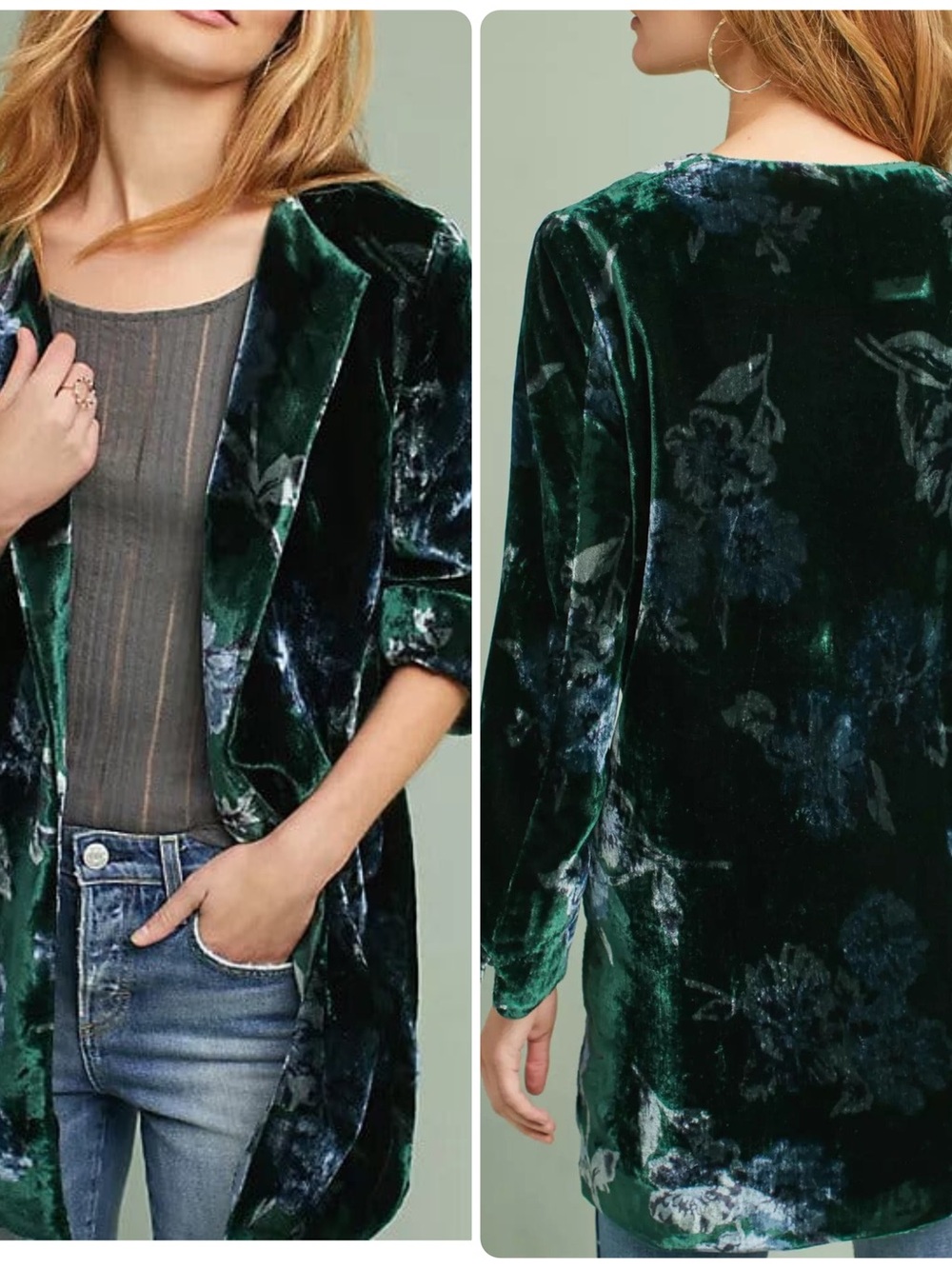 Anthropologie Eva Franco Green Velvet Bloom Car Coat